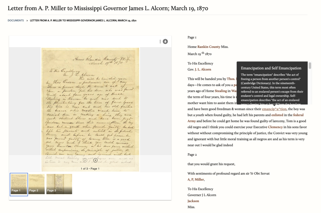 Screen capture showing the original letter with cursive writing on the left-hand side of the screen and the transcription of the letter on the hand-hand side. The term emancipation has a dark pop-up box above it, explaining what this term means.